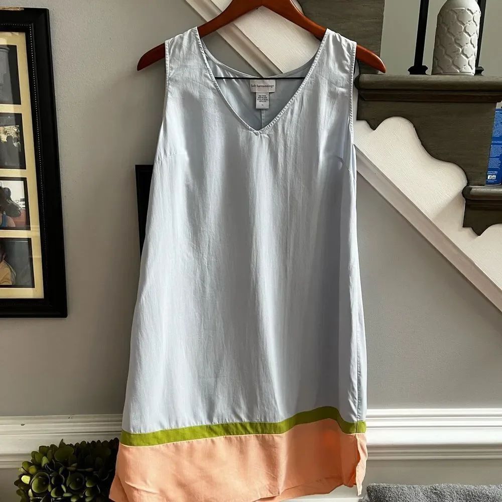 Soft Surroundings 100% Silk Light Blue & Peach Sleeveless Sheath Dress sz PS